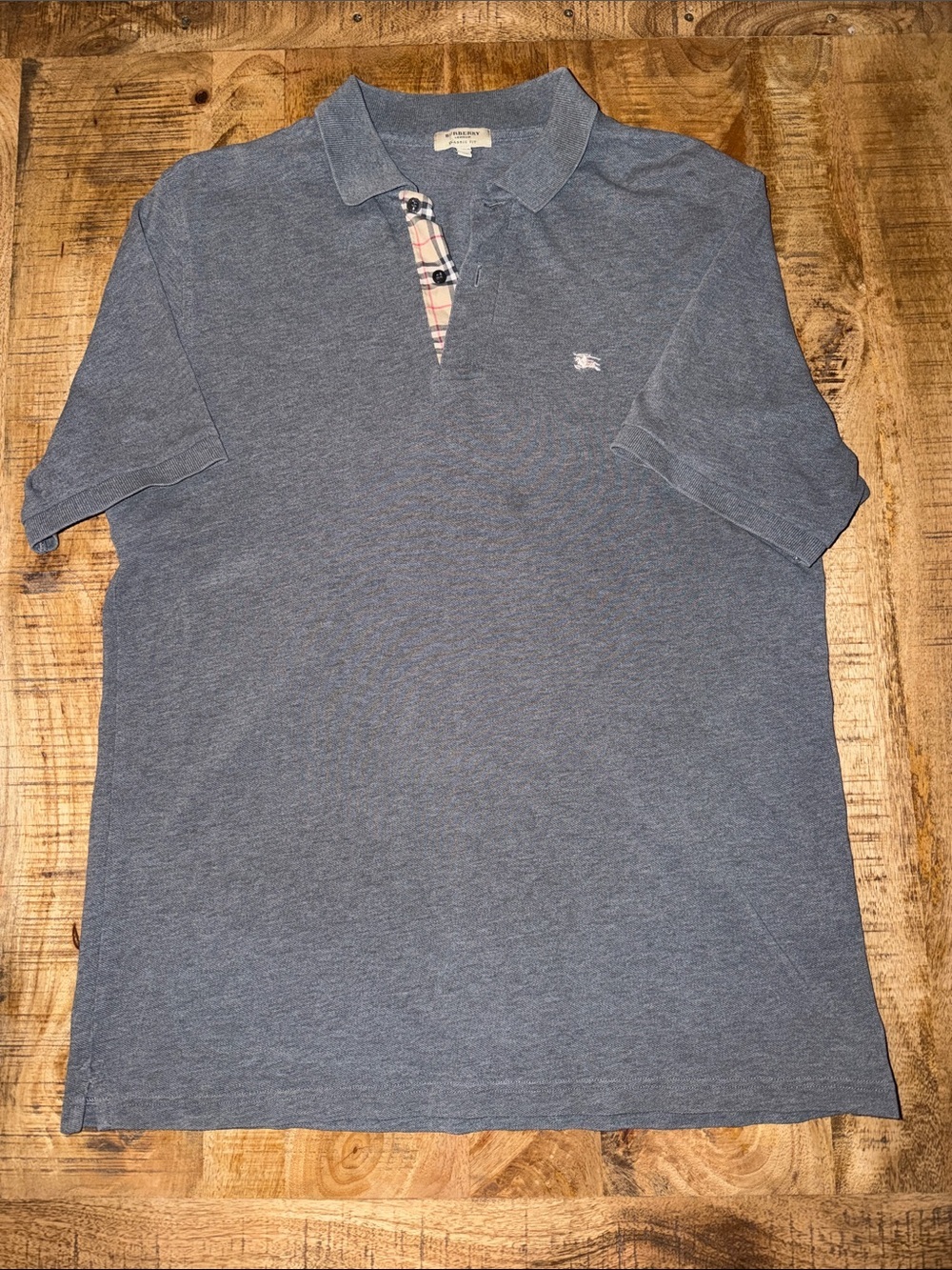 Burberry Men's Heather Blue Polo with Iconic Check Placket